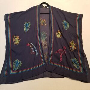 Soft Surroundings OS Kimono Blue Embroidered Open Front Swim Cover Beach Resort